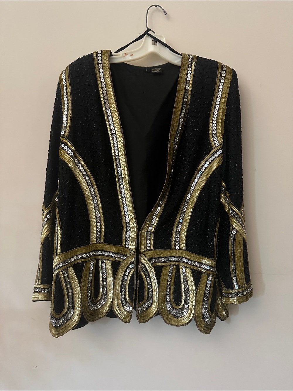 Vintage Black and Gold Sequined Open-Front Cardigan